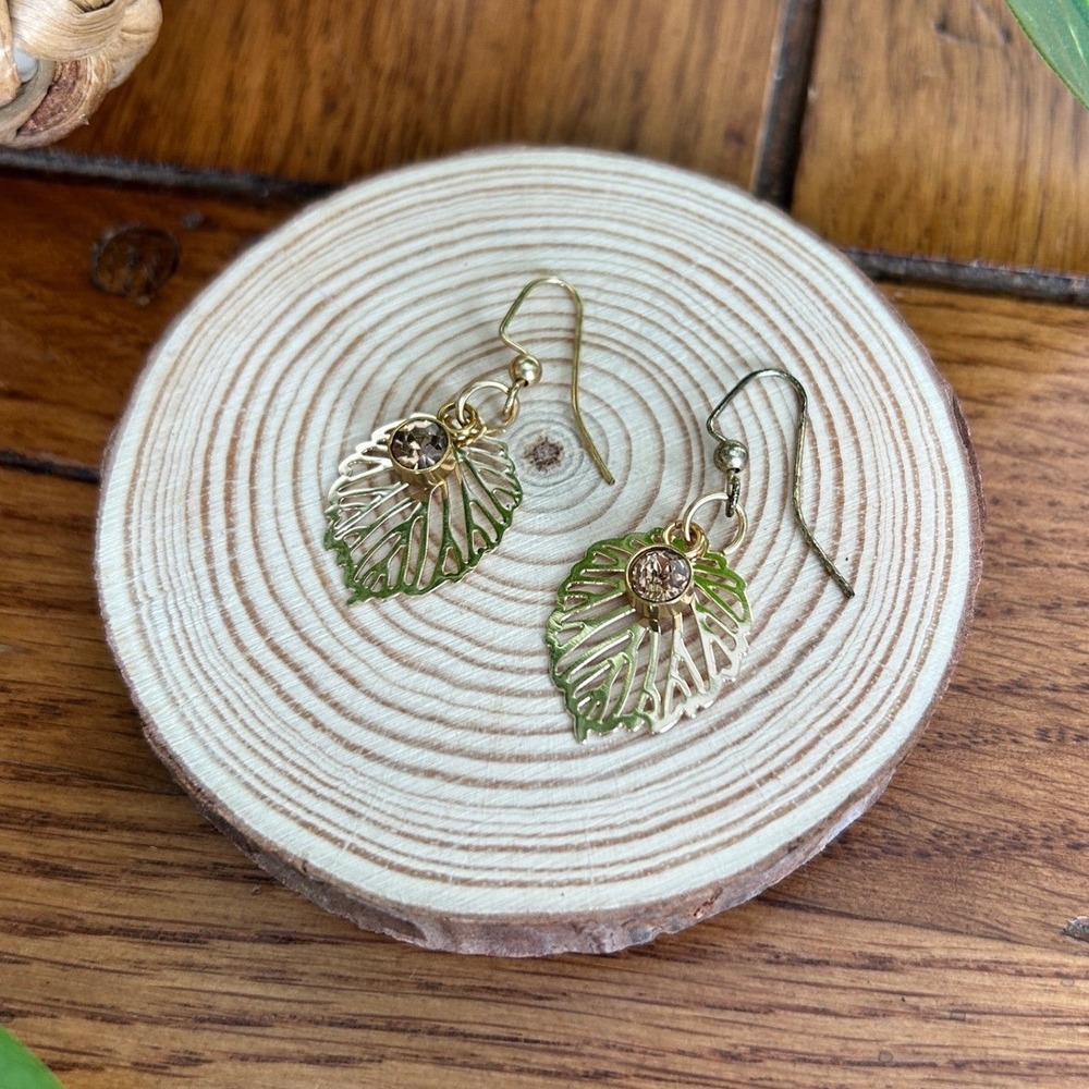 Upcycled Gold Tone Leaf Dangle‎ Earrings Rhinestone Accent Cute Everyday Jewelry